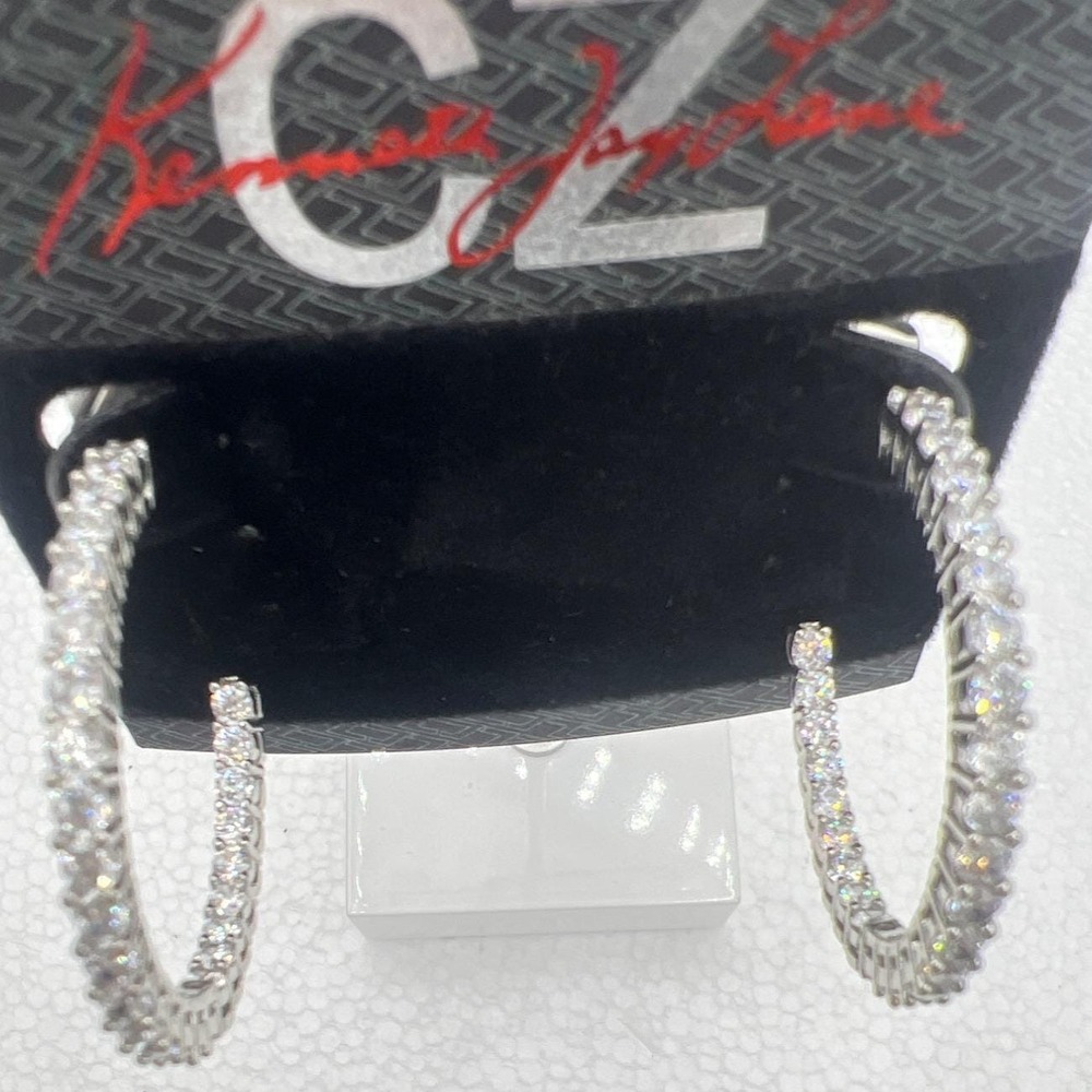 KJL Kenneth Jay Lane Earrings‎ CZ Hoop Inside Out Silver Tone Original Card